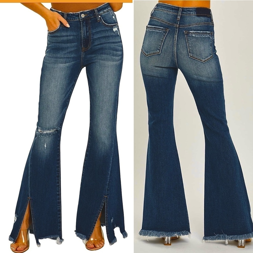 Risen High Rise Front Slit Frayed Hem Dark Flare Jeans Womens 2XL distressed NWT - Picture 1 of 10